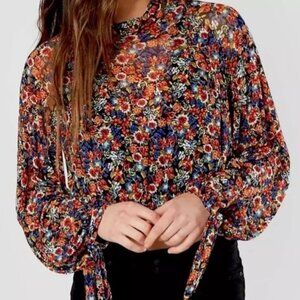 Free People Boho Top L All Dolled Up Ditsy Floral Balloon High Neck Sheer